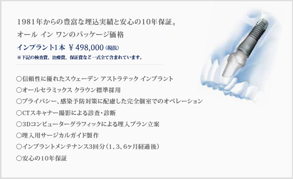 インプラント治療 価格表 インプラント1本40,000円（税込）